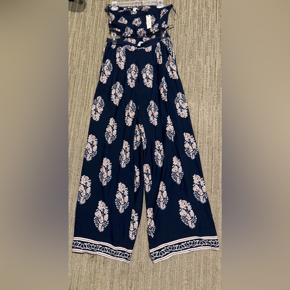 Navy Blue Floral Print Pants and Top